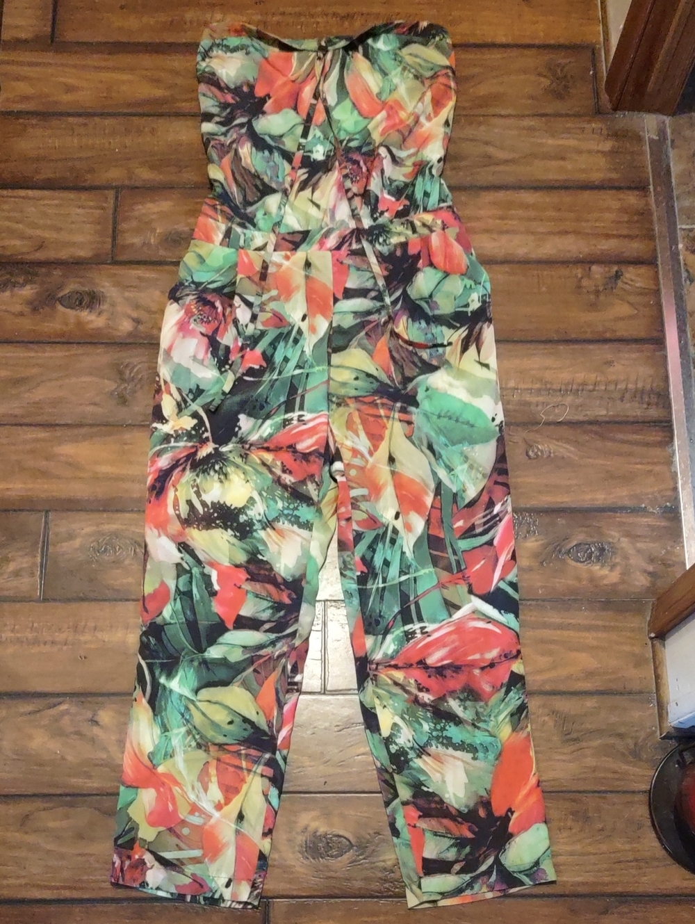 beachlunchlounge Strapless Floral Jumpsuit in Green, Orange, Black